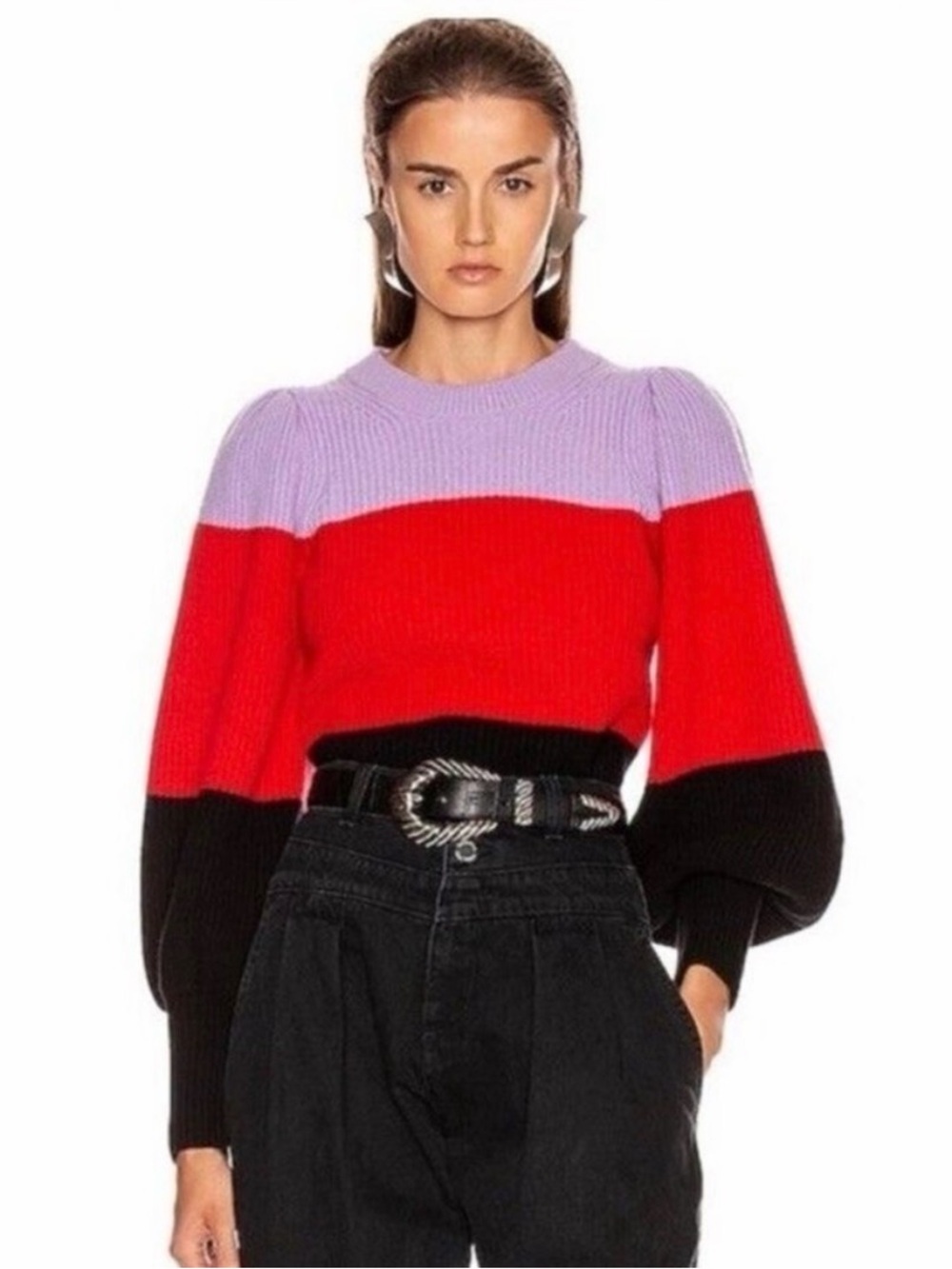A.L.C. Colorblock Ribbed Crewneck Sweater in Lilac, Red & Black